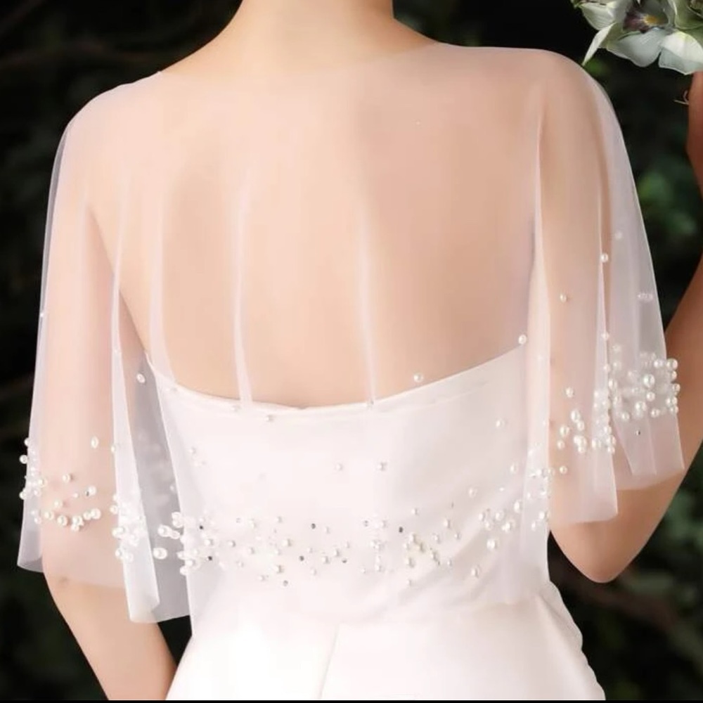 Bridal Sheer Shawl wedding cape pearl rhinestone bling detail - Picture 2 of 5